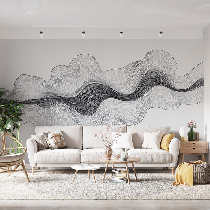 Mural Wallpaper fluid-lines | Abstrakt mønster i svart og hvitt med bølgete konturer