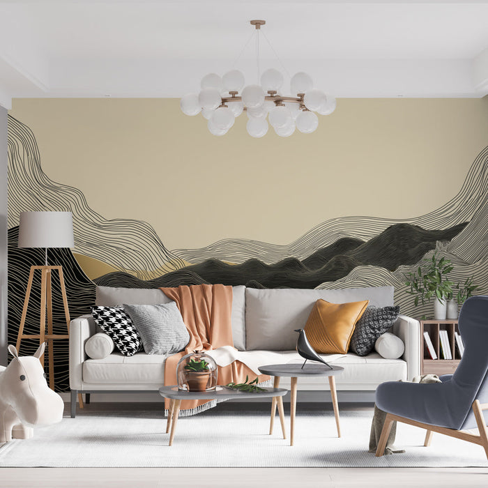 Tapeta valovite črte | Abstraktni dizajn gora v črni in zlati barvi