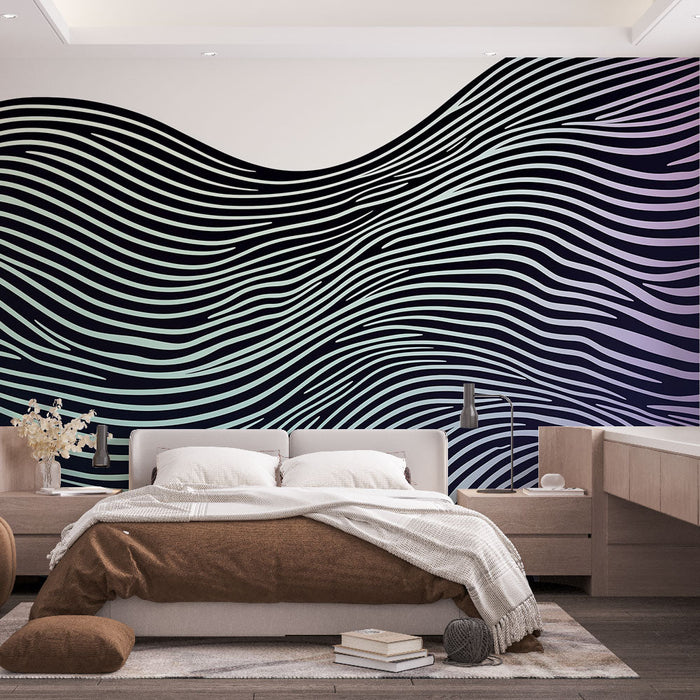 Nástěnná tapeta vlnité čáry | Abstraktní vzor v černé a pastelovém gradientu