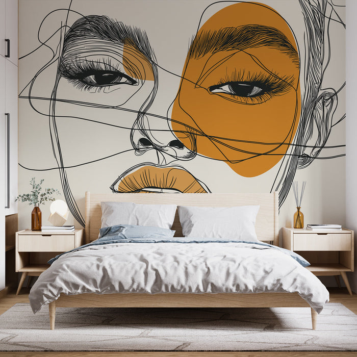 Tapetti line art | Kaksivärinen muotokuva oranssi ja beige