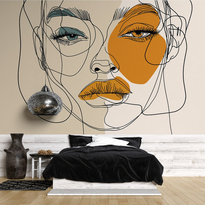 Ταπετσαρία γραμμικό σχέδιο | Παστέλ πορτρέτο και λεπτές γραμμές