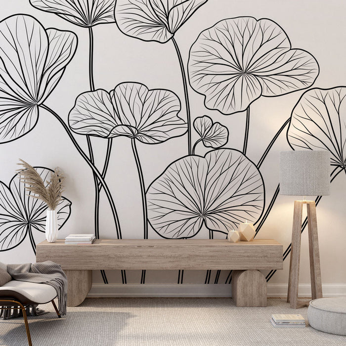 Mural Wallpaper linear | Delicate pattern of leaves in black outline