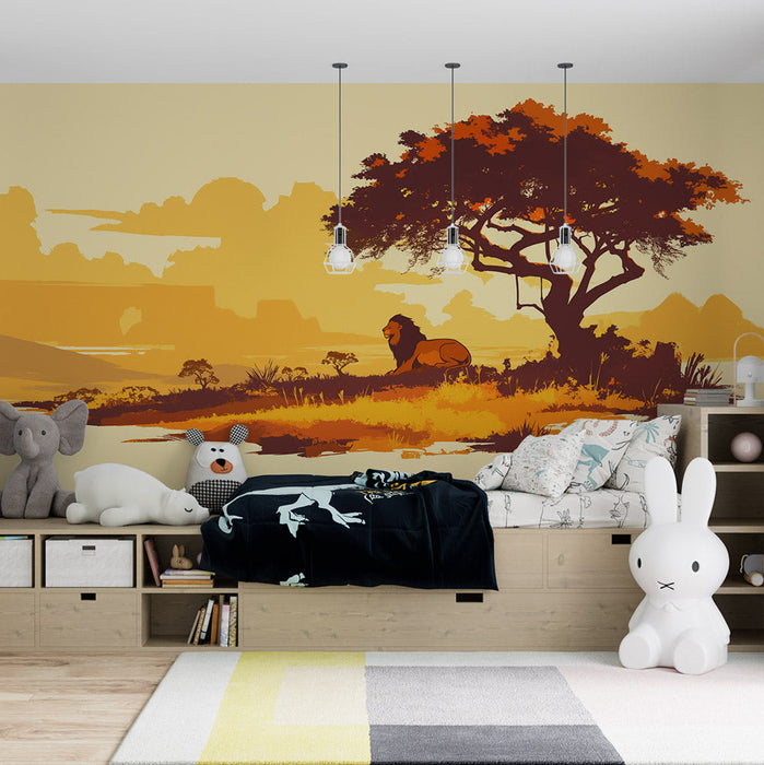 Lion Mural Wallpaper | Savanna and Sunset