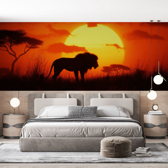 Mural Wallpaper lion at sunset | Majestic silhouette under a vibrant sky