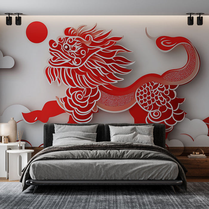 Fototapet Hiina lõvi | Stiliseeritud lõvi lõikepaberis koos pilvede ja päikesega