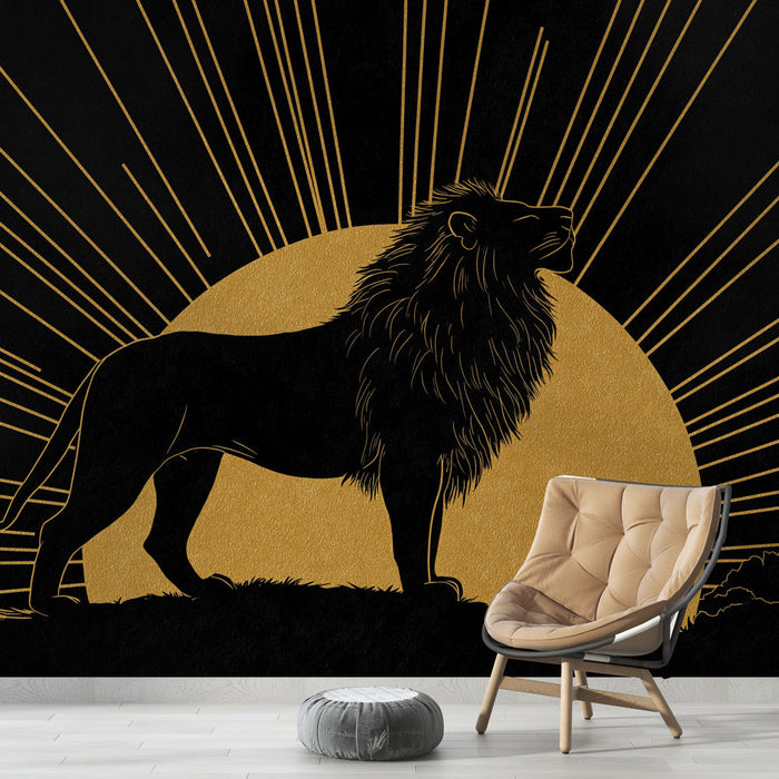 Tapete lion in the sun | Lion in golden silhouette on a black background with sun rays