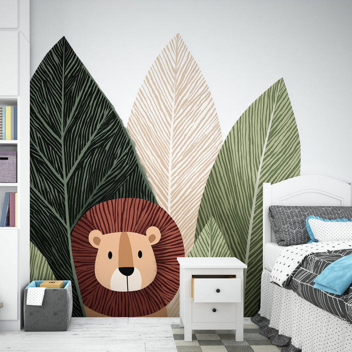 Tapete lion και φύλλα | Ένας χαριτωμένος λιοντάρι που περιβάλλεται από στιλιζαρισμένα φύλλα