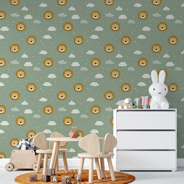Papel pintado león y nubes | Elementos lúdicos de leones sonrientes sobre fondo verde