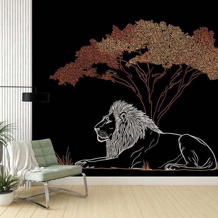 Mural Wallpaper lion | Majestic lion resting under a golden tree