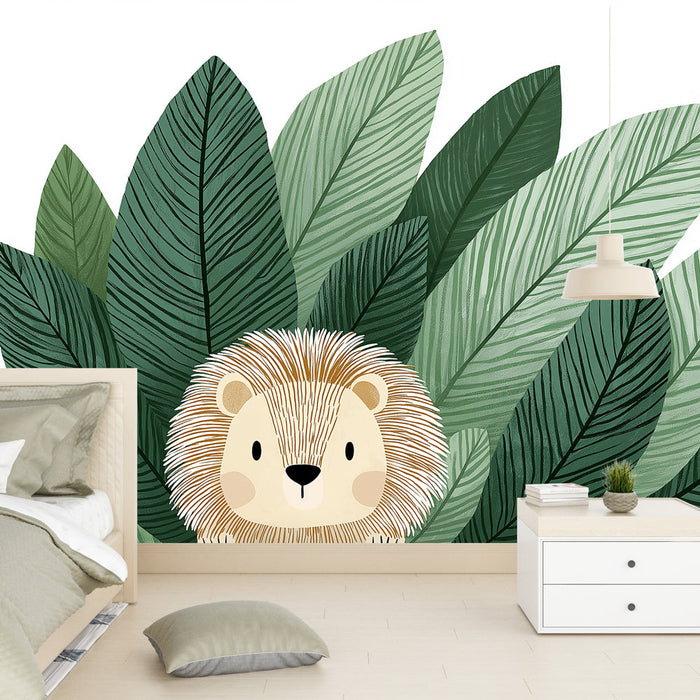 Mural Wallpaper cute lion and foliage | An adorable lion surrounded by large green leaves