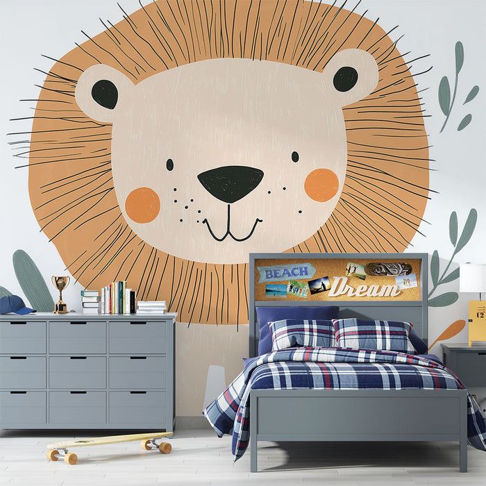 Mural Wallpaper cute lion | Stylized illustration of a lion with botanical elements
