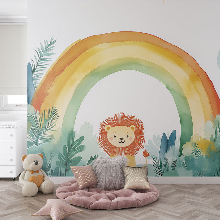 Mural Wallpaper lion | Cute lion under a colorful rainbow
