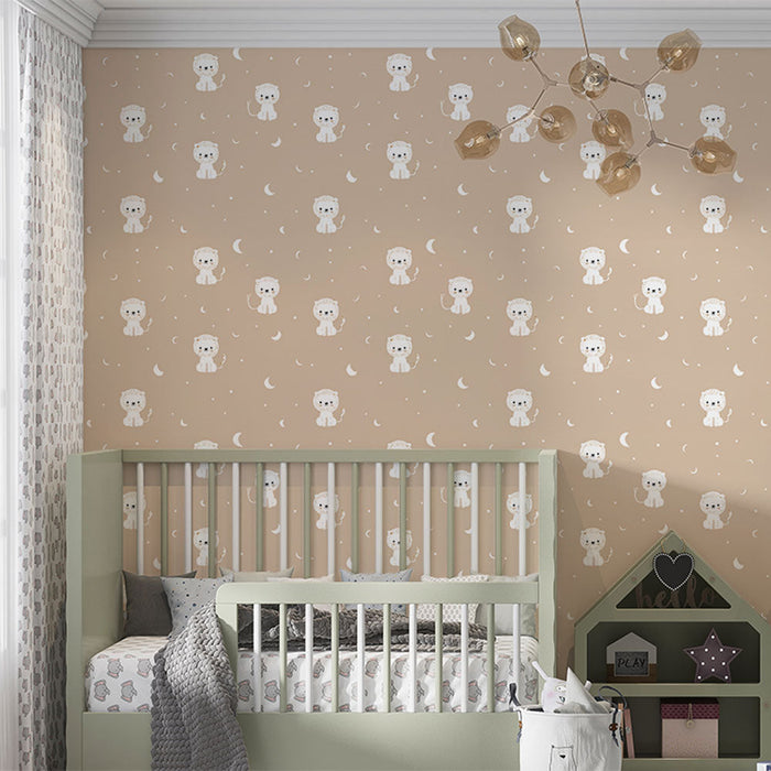 Papel pintado lindo león | Motivo adorable de león en un fondo beige con lunas crecientes