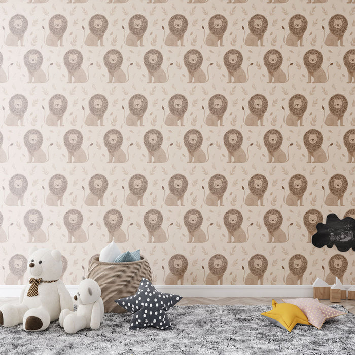 Tapeta roztomilý lev | Opakující se vzor lvů s zlatými hřívami na béžovém pozadí