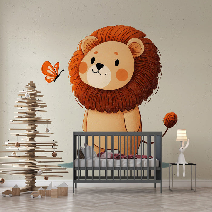 Tapete мил лъв | Сладък лъв с оранжева пеперуда около него