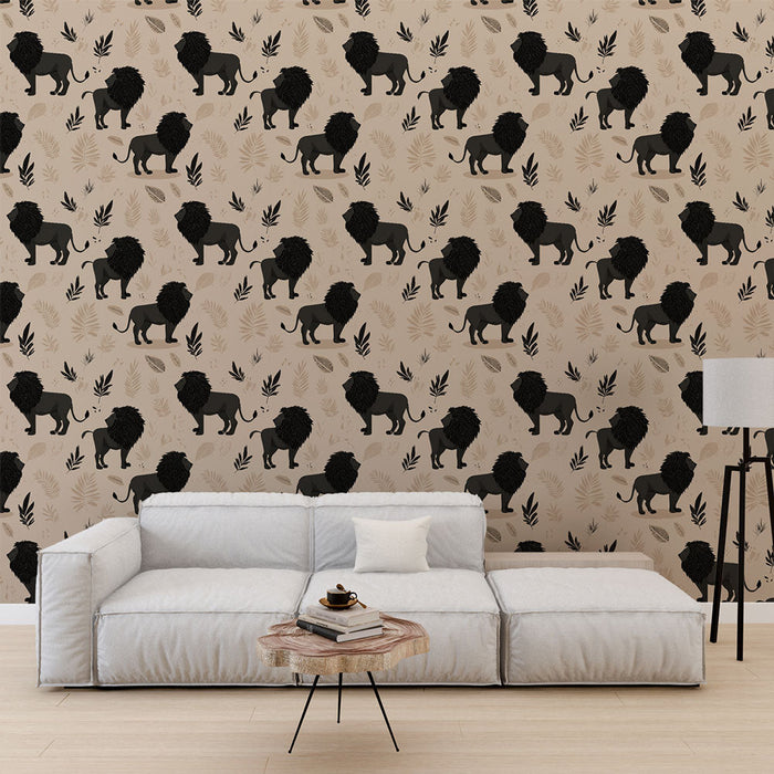 Fototapet lev | Motiv črnih levov obdanih z nežnimi listi