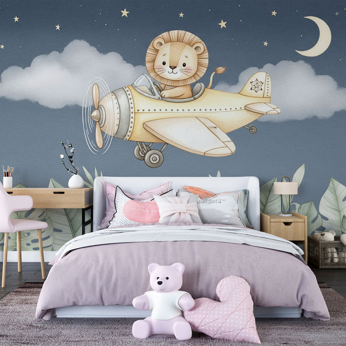 Papel pintado león piloto | Un lindo león en un avión sobre un fondo estrellado