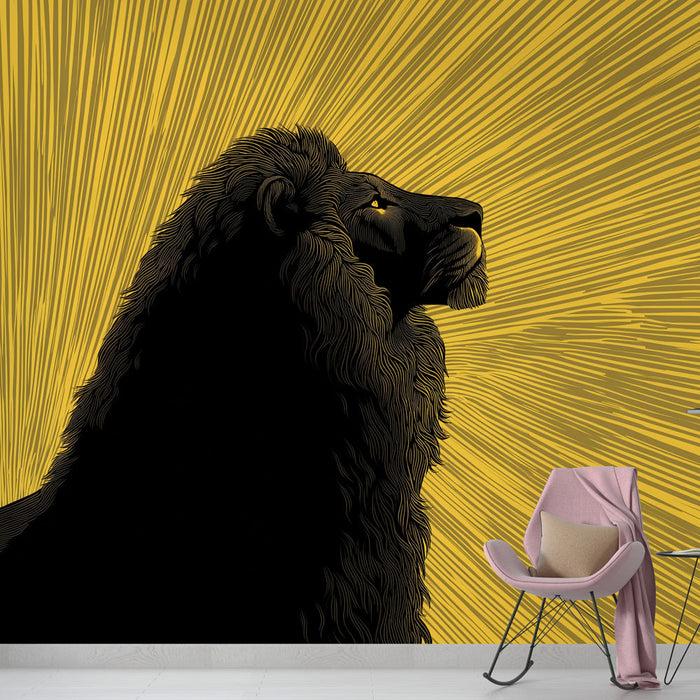 Fototapet løve | Majestetisk silhuett av en løve på en lys gul bakgrunn