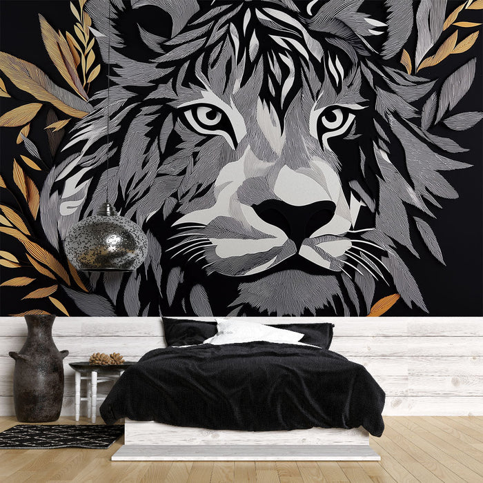 Fototapet stiliziran lev | Eleganten vzorec leva z vtisnjenim listjem
