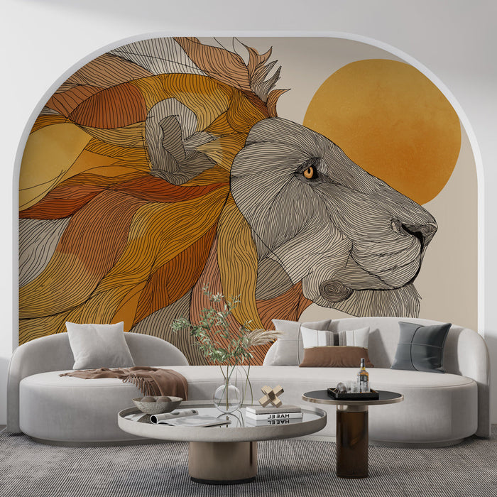 Stylized lion mural wallpaper | A majestic lion surrounded by warm and fluid colors