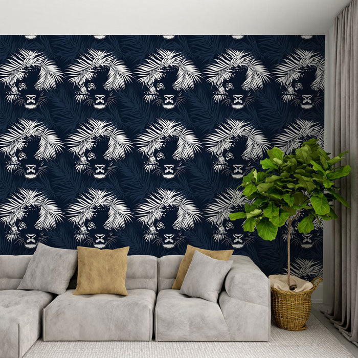 Mural Wallpaper lion tropical | Faces of lions surrounded by exotic foliage