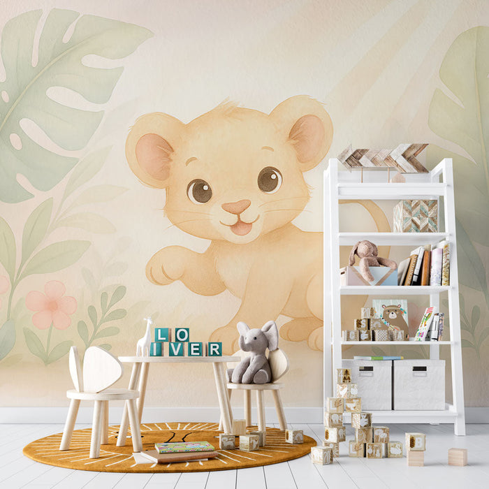 Fototapet løveunge | Sød løveunge på en pastel tropisk baggrund