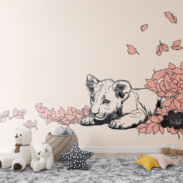 Tapete lion cub | Εύθραυστο μικρό λιονταράκι που περιβάλλεται από ροζ φύλλα σε μαλακό φόντο