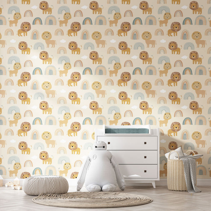 Tapetti leijonilla ja sateenkaarilla | Ihanan hymyilevien leijonien ja pastellisateenkaarien kuva.