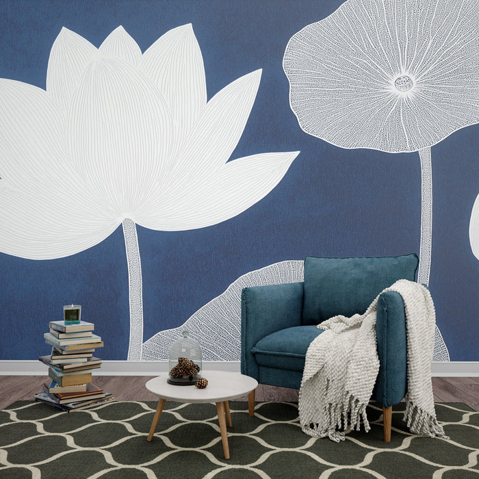 Carta da parati fiore di loto bianco | Fiore elegante su sfondo blu mezzanotte