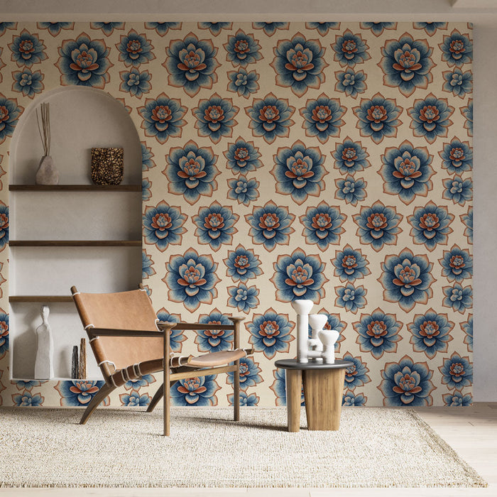 Tapet cu lotus albastru | Modele florale delicate pe un fundal deschis