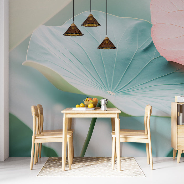 Delicate lotus Mural Wallpaper | Turquoise and pink lotus leaves