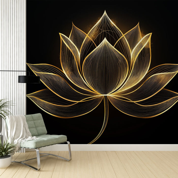 Златен лотос тапет | Елегантен лотосов модел със стилизирани линии