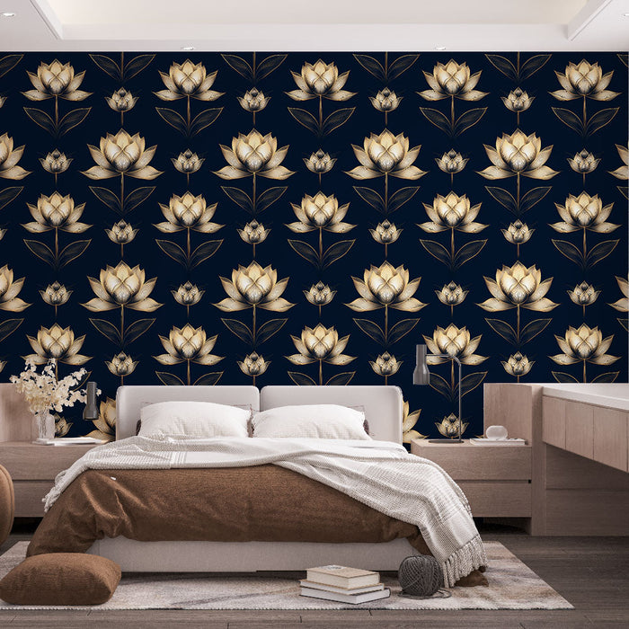 Tapet cu lotus aurii | Motive florale elegante pe un fundal albastru inchis