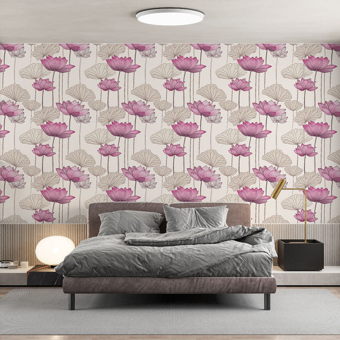 Fototapet lotus | Elegant mønster af lyserøde lotusblomster og delikate blade