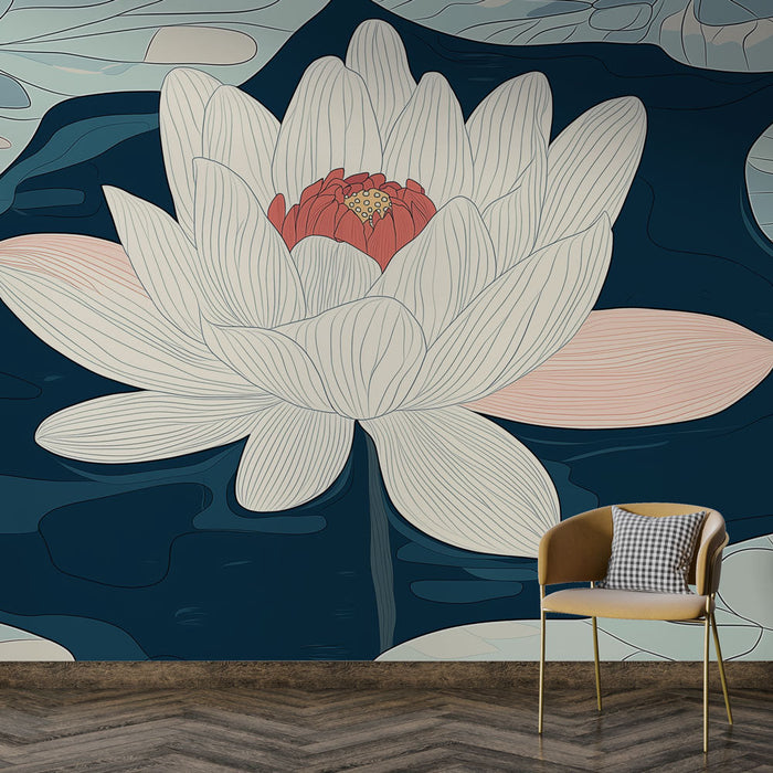 Tapete lotus | Elegante Lotusblume auf beruhigendem marineblauem Hintergrund