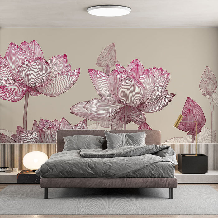 Mural Wallpaper lotus | Elegant lotus flowers in shades of pink on a neutral background