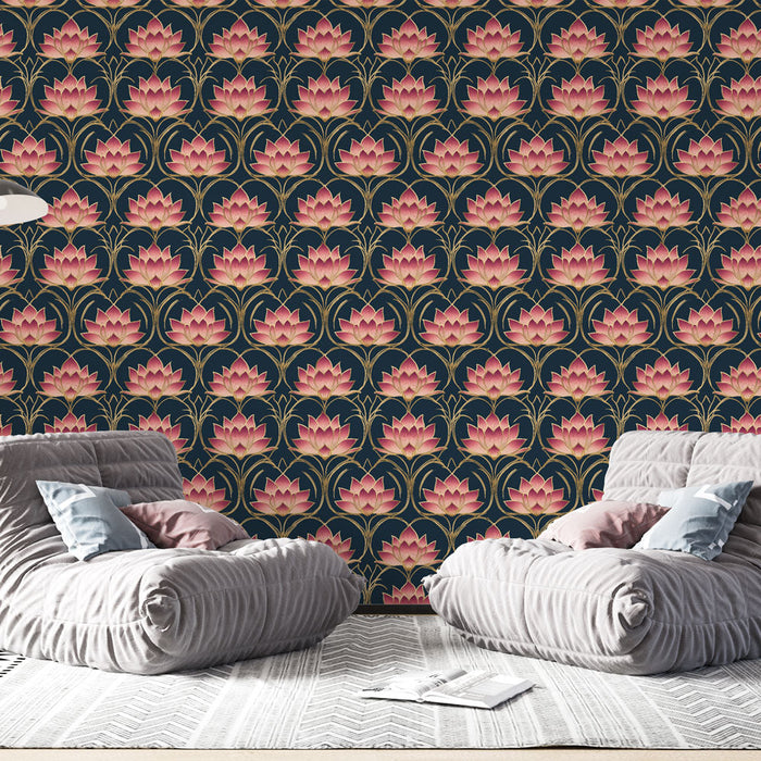 Fototapet lotus | Rosa lotusblommor på en midnattsblå bakgrund