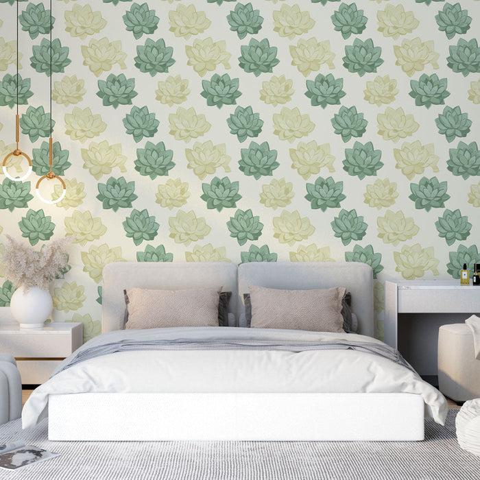 Tapeta s motivem lotosového květu v zelených a krémových tónech