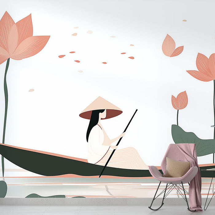 Carta da parati a muro loto | Scena pacifica della donna in barca tra i fiori di loto