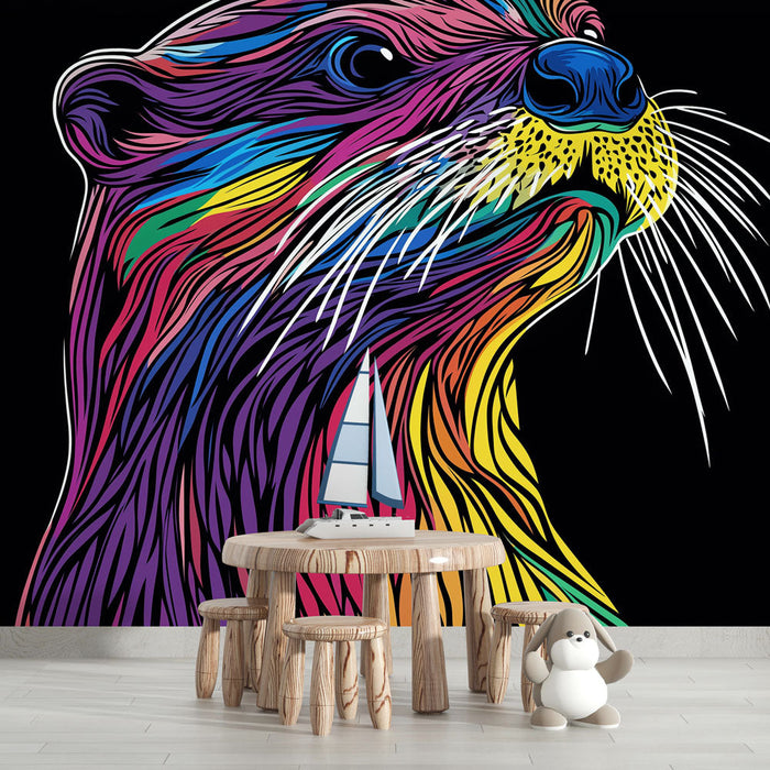 Mural Wallpaper colorful otter | Stylized otter with vibrant lines and a black background