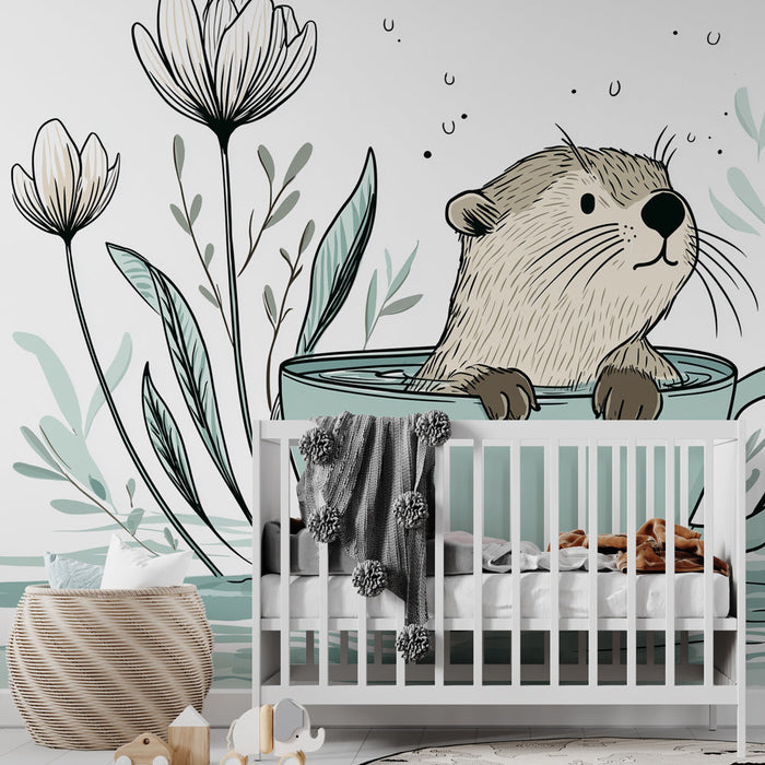 Tapeta z wydrą | Urocza ilustracja wydry w filiżance z kwiatami