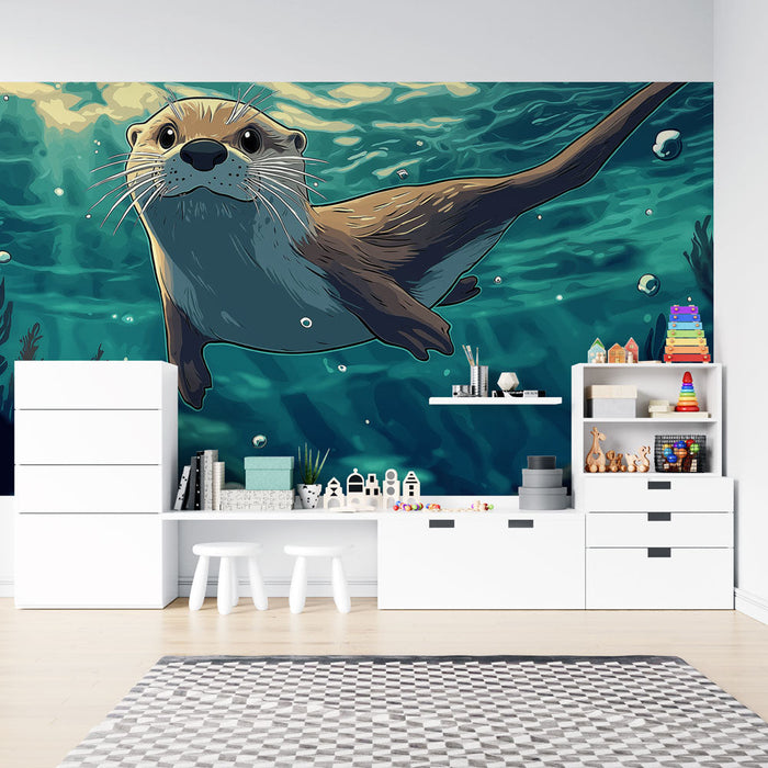Mural Wallpaper Otter | Joyful Otter Moving Underwater