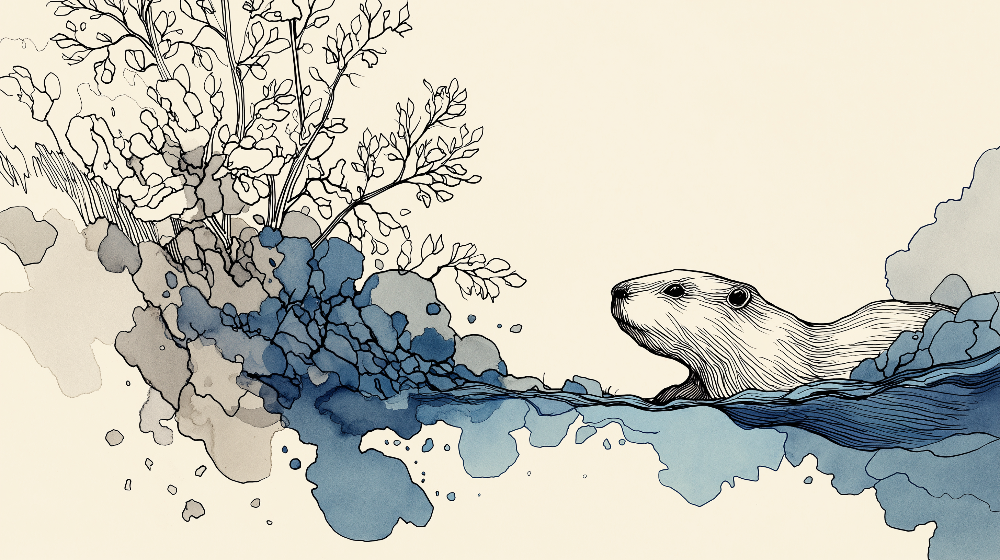 Foto Behang otter | Otter zwemt tussen waterspetters en bladeren