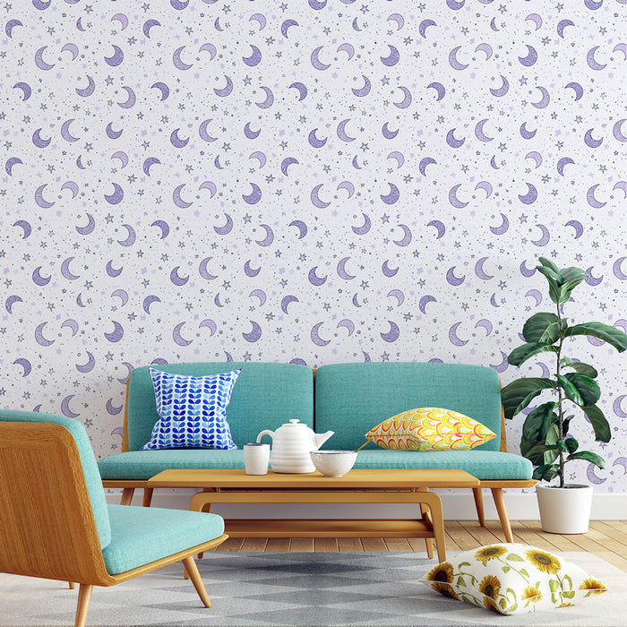 Fototapet ay ve yıldızlar | Açık arka plan üzerinde mor ay ve yıldız deseni