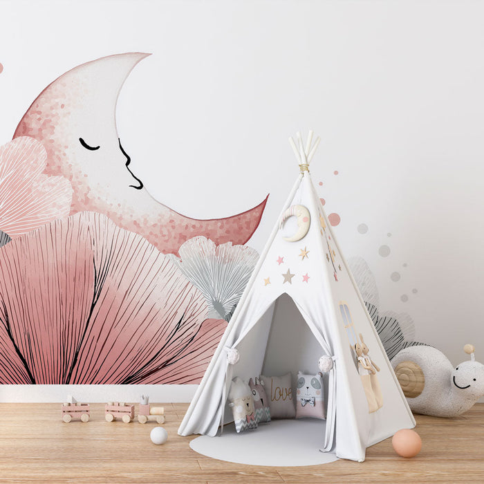 Ταπετσαρία τοίχου με φεγγάρι και λουλούδια | Απαλό σχέδιο με χαμογελαστό φεγγάρι και παστέλ λουλούδια