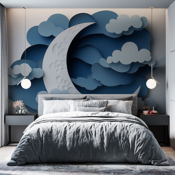 Fototapet måne og skyer | Beroligende tredimensjonal dekor med halvmåne og skyer i relieff