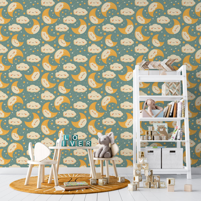 Fototapet måne og skyer | Lystig mønster av smilende måner og fluffy skyer