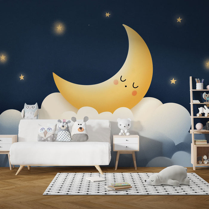 Mural Wallpaper moon and clouds | A golden moon resting on cottony clouds
