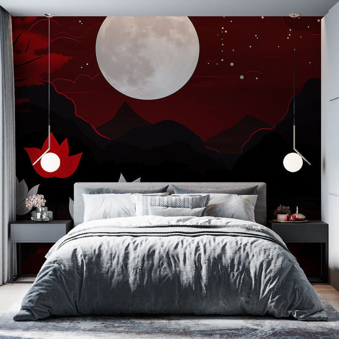 Mural Wallpaper red moon | Night scene with lotus flowers
