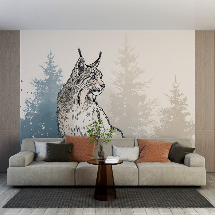 Foto Behang lynx | Lynx met bomen op de achtergrond